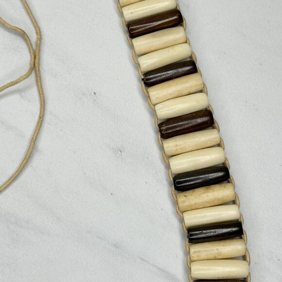 Wood Beaded Tie Belt Brown Cream Boho Statement Belt Medium (M) ✨ - Picture 6 of 14